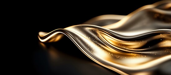 Poster - Luxurious flowing gold liquid metal wave on dark background creates elegant abstract design pattern with smooth glossy curves and reflective surface.