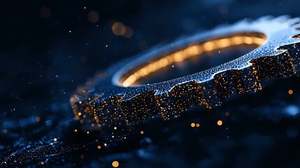 Poster - Glowing golden ring with sparkling blue particles against dark background creates magical atmosphere. Macro photography captures light and bokeh effects.