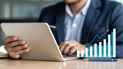 Poster - A man in a suit using a laptop with a rising bar graph overlayed on the screen and a pen on the desk
