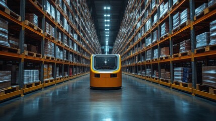 Fototapete - A sleek automated transport vehicle navigates through a spacious warehouse filled with neatly organized shelves and varied cargo, highlighting cutting edge logistics.