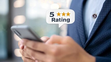 Poster - Man in suit holding phone with five star rating bubble displayed on the screen in a bright setting
