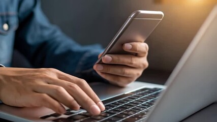 Aufkleber - Person typing on laptop while holding smartphone with email notification icon overlayed on the screen