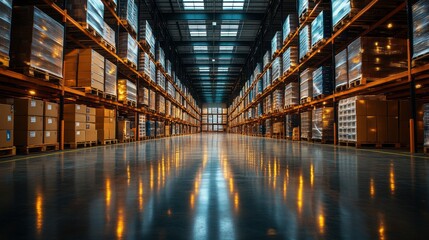 Poster - Large warehouse filled with neatly stacked pallets and boxes, highlighting the organized inventory storage and efficient logistics operations expected during peak distribution times.