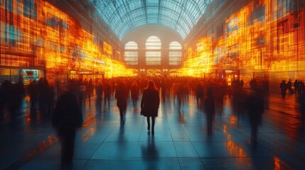 Leinwandbilder - A bustling transportation hub showcases automation technology and security measures as crowds move through vibrant light displays, enhancing the atmosphere of mobility.