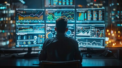 Poster - Business analyst monitoring data visualizations and metrics on multiple screens during nighttime analysis
