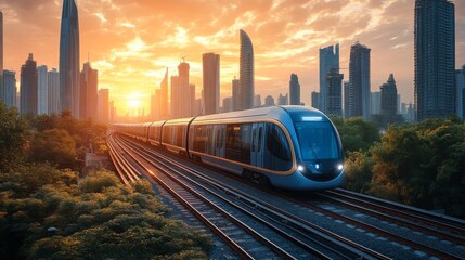 Poster - A sleek maglev train rides along railway tracks amidst a vibrant city skyline as the sun sets, casting a warm glow over the buildings and surroundings.