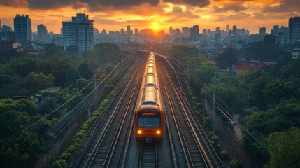 Poster - A highspeed train moves along tracks during sunset, surrounded by skyscrapers and greenery, showcasing advanced logistics and urban mobility.