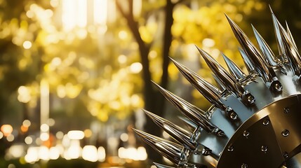 Poster - An artistic close-up image showcasing a metallic sculpture with sharp spikes reflecting sunlight, surrounded by a beautifully lit outdoor environment of trees and blurred city background