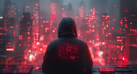 Aufkleber - A cybersecurity expert observes potential data breaches while overlooking a neon-lit cityscape at night.