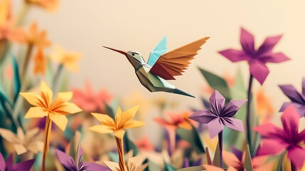 Poster - A colorful origami hummingbird hovering over a vibrant garden filled with paper flowers in various shades of pink, yellow, and purple, creating a whimsical and serene atmosphere