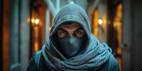 Fototapete - A masked individual stands in a dimly lit urban alley, embodying modern challenges in cybersecurity. This figure symbolizes data breaches and the importance of risk management strategies.