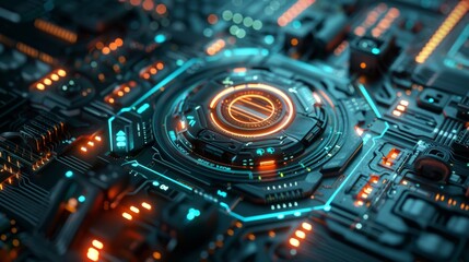 Fototapete - Advanced technology circuit board with glowing elements for enhanced online security