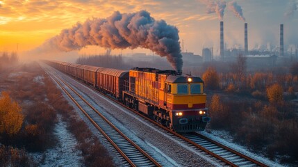 Aufkleber - A freight train moves along tracks in a misty setting during sunrise, hauling cargo containers as smoke billows from nearby factories in the background.