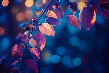 Poster - Illuminated Leaves on Branch with Bokeh Lights Background at Night