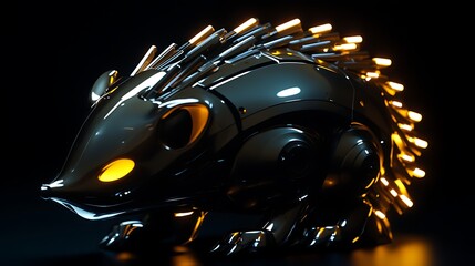 A sleek, metallic hedgehog robot with glowing spikes showcasing an advanced design against a dark background, highlighting its futuristic features and textures