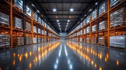 Fototapete - A large warehouse with high ceilings features neatly stacked shelves filled with pallets. The ambient lighting reflects off the polished floor, indicating a well organized storage environment.