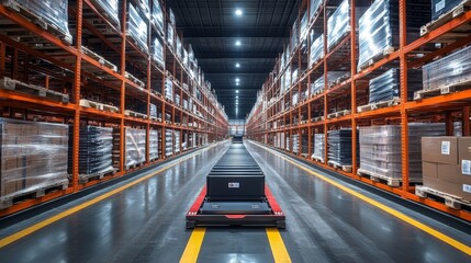 Poster - A well organized warehouse shows a central pathway lined with pallets and cargo. Efficient logistics practices enhance inventory management and storage.