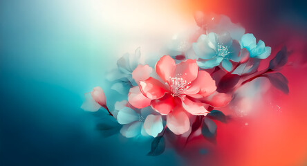 Wall Mural - soft focus image of delicate pink flowers blooming amidst a vibrant blend of orange, blue, and white