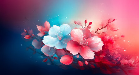 Wall Mural - delicate flowers in pink, white, and blue hues are gracefully arranged against a blurred backdrop of