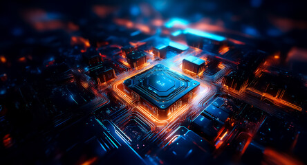 Aufkleber - futuristic circuit board with a central glowing chip, illuminated by vibrant blue and orange lights,