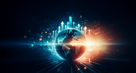Poster - glowing globe with upward arrows emanating in blue and orange light, suggesting growth, global conne
