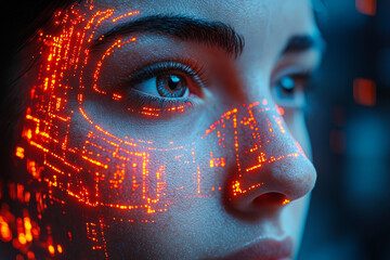Fototapete - A customer using facial recognition to authorize a high-value payment. Concept of biometric security and futuristic transactions.