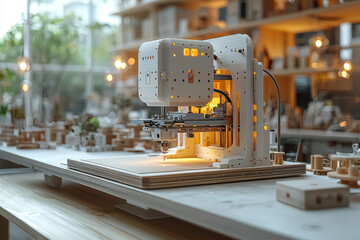 Fototapete - A 3D printer creating a product prototype in a minimalist design studio. Concept of rapid prototyping and industrial design.