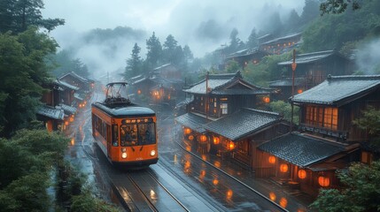 Aufkleber - A tram travels along a misty path surrounded by charming houses with glowing lanterns. The enchanting atmosphere highlights the blend of urban transit and natural beauty.