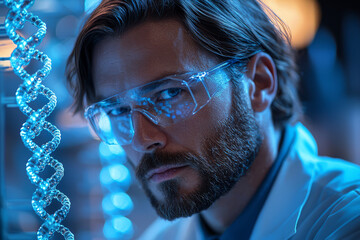 Poster - a biotech researcher analyzing data in a lab with dna models nearby. concept of pharmaceutical r&d a