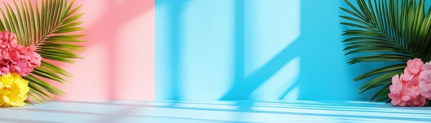 Fototapete - Abstract studio multicolor pastel background for product presentation Empty room with shadows of window and flowers and palm leaves 3d room with copy space Summer concert backdrop