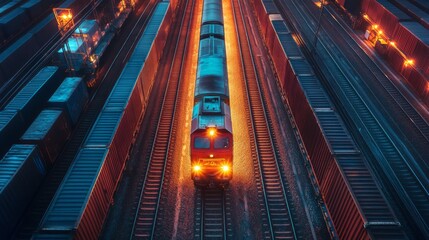 Aufkleber - A freight train moves through an intermodal yard illuminated by soft lights, surrounded by numerous cargo containers, emphasizing the logistics and transportation network at night.