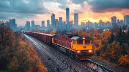 Aufkleber - A freight train moves along tracks surrounded by a city skyline at sunset, showcasing the blend of transportation, automation, and urban infrastructure in logistics.