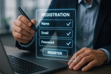 Fototapete - Online Registration: A person filling a registration form digitally on laptop.  The focus is on the concept of digital form filling, secure data entry, and user interface design.
