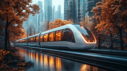 Poster - A sleek maglev train moves quietly along its tracks, surrounded by vibrant autumn trees and towering modern buildings, creating a seamless blend of nature and technology.
