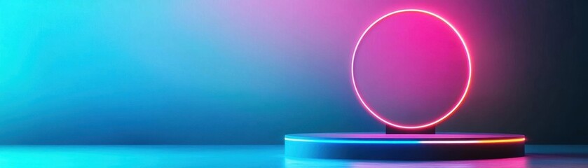 Poster - Background podium 3D light neon blue platform stage product abstract Scene background 3D podium dark pedestal room glow studio empty stand floor night modern circle show space disp