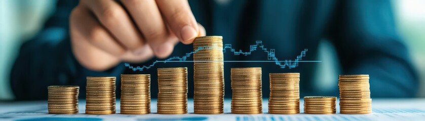 Poster - Banker accountant or insurer builds financial chart from gold coins