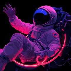 Poster - Joyful Robot Astronaut Waves From a Glowing Retro Spaceship in Vibrant Colors