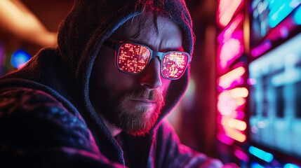 Leinwandbilder - A cybersecurity expert in a hoodie examines potential data breach risks using glowing screens. Reflections in his glasses highlight his focus on cybersecurity and risk management strategies.