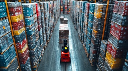 Leinwandbilder - A worker operates a forklift in a vast warehouse filled with tall stacks of pallets, focusing on efficient sorting and inventory management in the distribution center.