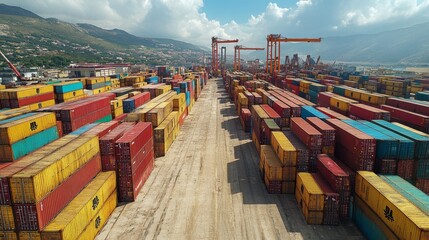 Aufkleber - Large quantities of cargo containers are organized in rows within a logistics and distribution center, illustrating the complexities of inventory management and freight operations.