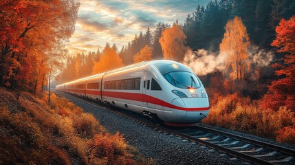 Poster - A sleek high speed train glides along railway tracks surrounded by vibrant autumn foliage. Smoke gently rises as it moves through a picturesque landscape at sunset.