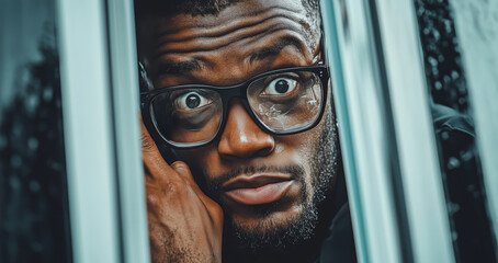 Aufkleber - A person looks worried through a window, reflecting anxiety about cybersecurity issues, especially data breaches and firewall vulnerabilities during a tech discussion.