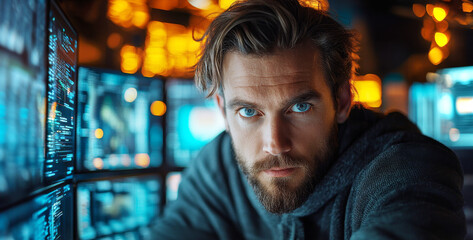 Fototapete - A cybersecurity analyst is intently observing multiple screens filled with data, assessing potential risks related to data breaches.