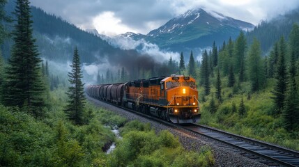 Aufkleber - A freight train moves along a winding track through a mountainous landscape, surrounded by dense forests and misty conditions. The locomotive emits smoke as it transports cargo.