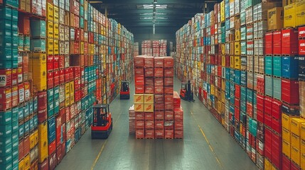 Leinwandbilder - Forklifts move through a spacious warehouse filled with neatly stacked containers and boxes, showcasing a busy logistics operation focused on efficient inventory management.