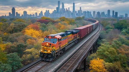 Aufkleber - A freight train moves along a curved track surrounded by colorful autumn trees. The skyline of a major city looms in the distance under a dramatic sky.