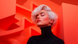 © amanda - Portrait of a Woman with Short Blonde Hair Against a Red Geometric Background
