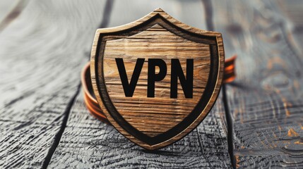 Poster - Enhance online security with a vpn shield on a wooden surface for internet protection awareness