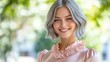 © BlackBird Studio - Smiling Young Woman with Silver Hair in Pink Blouse Against Natural Background