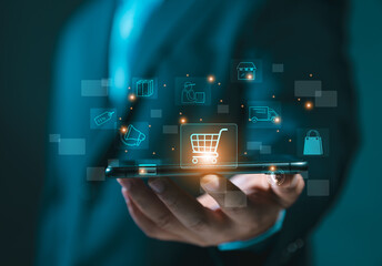 digital marketing and financial. pressing on cart while online shopping. marketing suppliers offer d